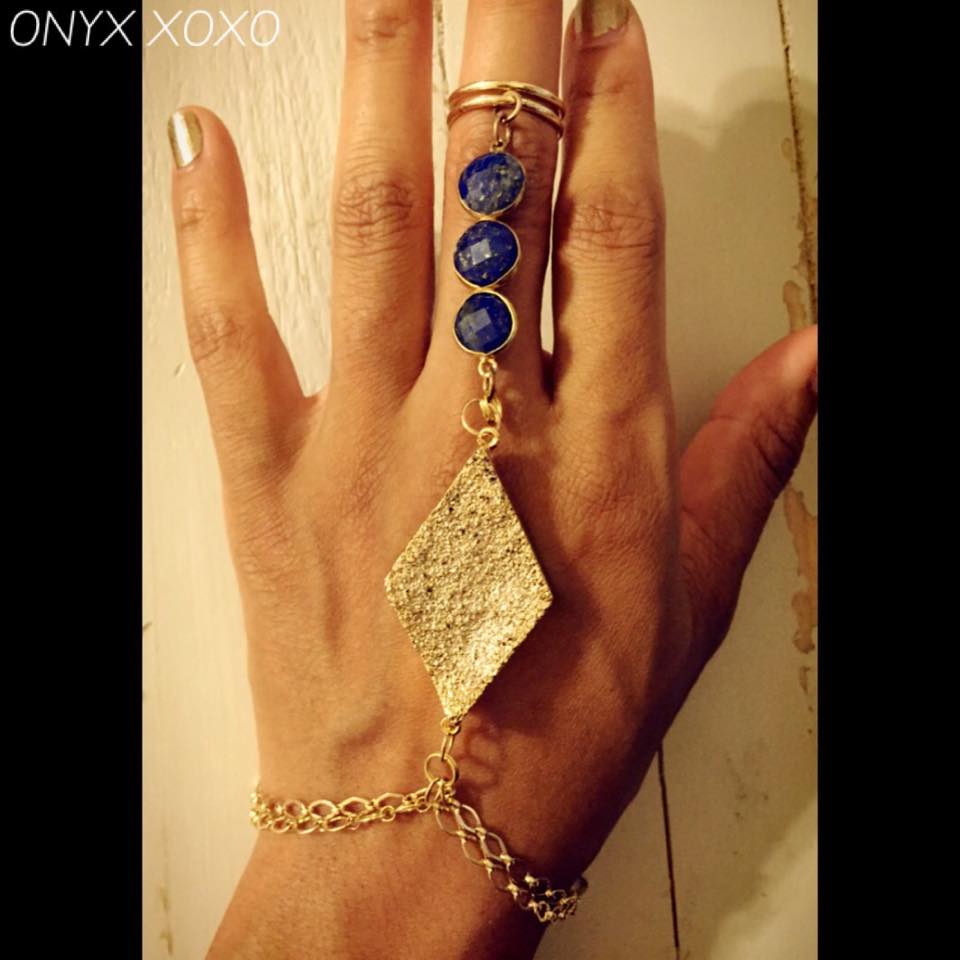 24KT GOLD and Lapis Lazuli Gemstone Ring-to-wrist bracelet